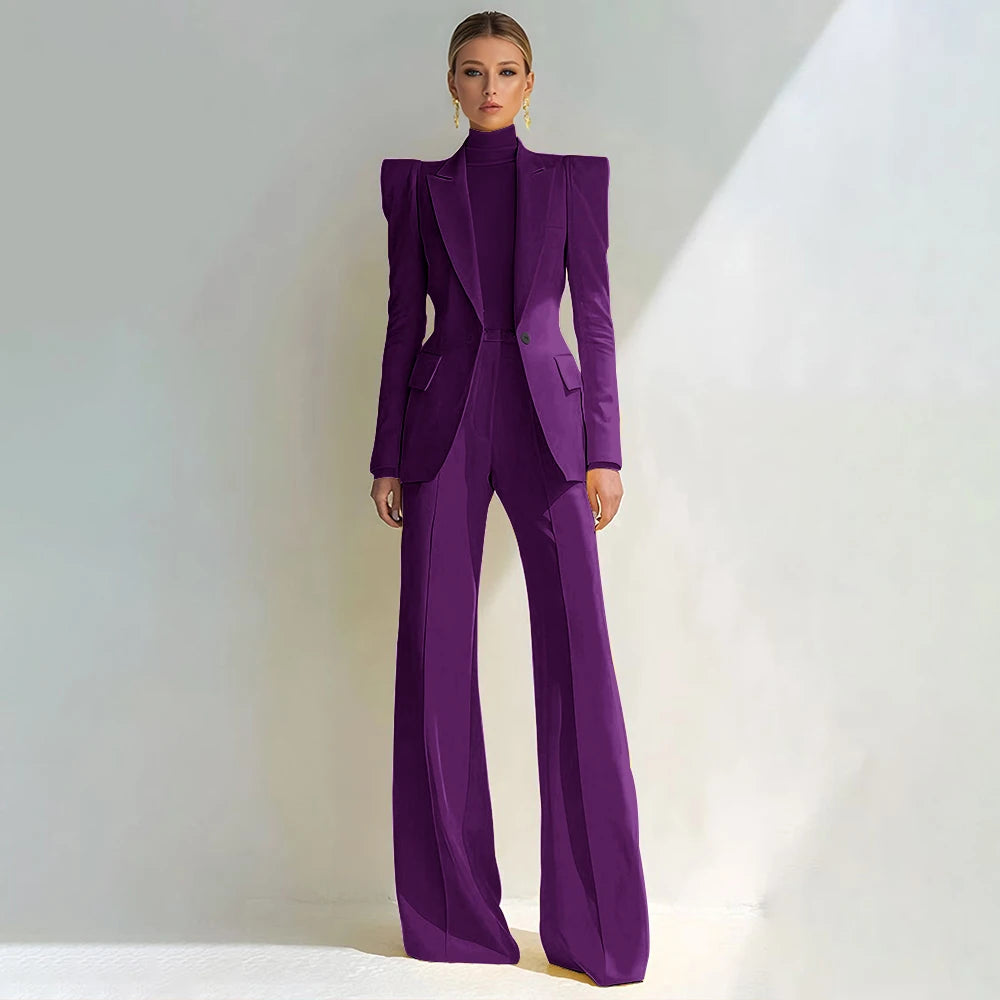 Costume rouge professionnel pour femmes, revers à pointe, bouton unique, Blazer élégant et pantalon évasé, ensemble 2 pièces, vêtements de bureau formels
