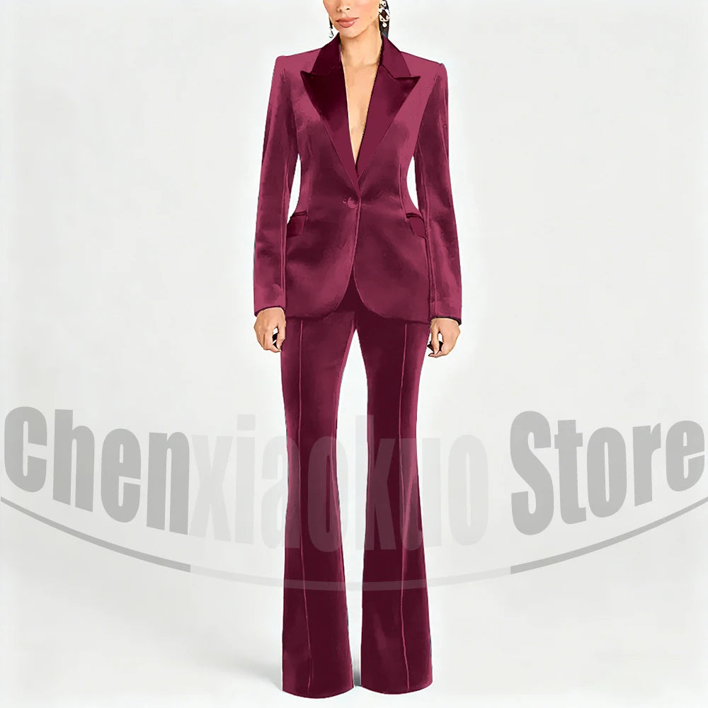 Ensemble de costume en velours pour femmes, Blazer à un bouton et pantalon évasé, vêtements de cérémonie élégants pour soirée, bal, tenue Slim, deux pièces