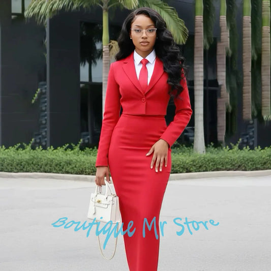 Ensemble tailleur professionnel pour femme : Blazer court rouge et jupe longue moulante, tenue de bureau formelle, costume d'affaires deux pièces à bouton unique