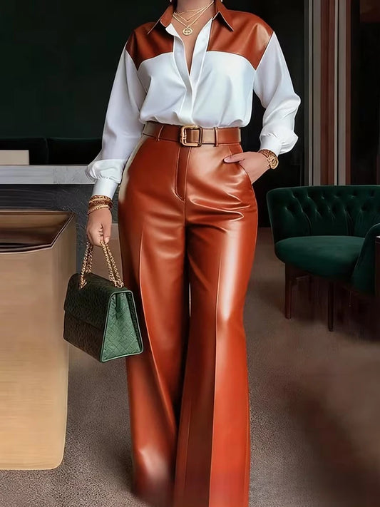 Ensemble deux pièces élégant pour femme : haut à col rabattu et manches longues avec pantalon large en similicuir – Collection Printemps-Automne 2026