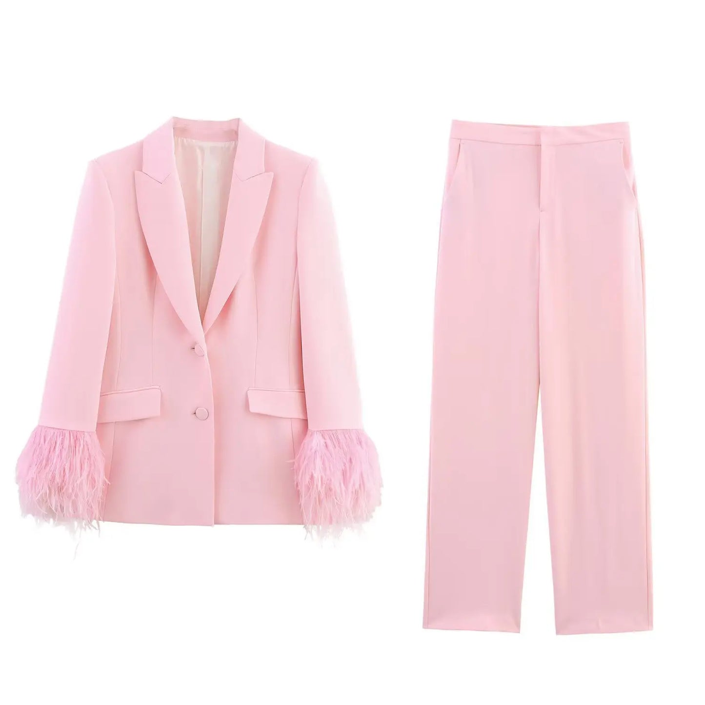 Femmes été nouvelle mode plume rose pantalon costume revers à manches longues costume veste taille haute poche banlieue pantalons décontractés