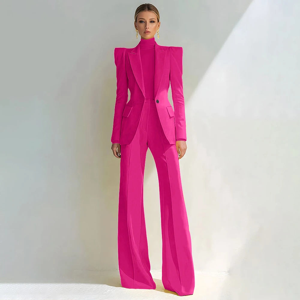 Costume rouge professionnel pour femmes, revers à pointe, bouton unique, Blazer élégant et pantalon évasé, ensemble 2 pièces, vêtements de bureau formels