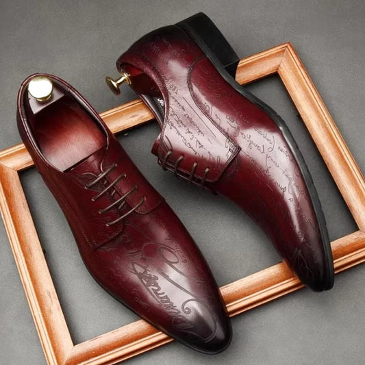 Stylish Letter-printed Men's Business Leather Shoes Korea Style Wedding Derby Shoes Lace-up Pointed Toe Dress Shoes Man Wine-red