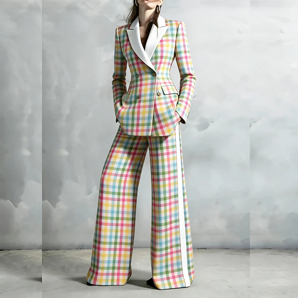 Costumes pour femmes de couleur pastel tendance, ensembles de 2 pièces, veste et pantalon, ensembles élégants à double boutonnage, revers blancs, coupe classique