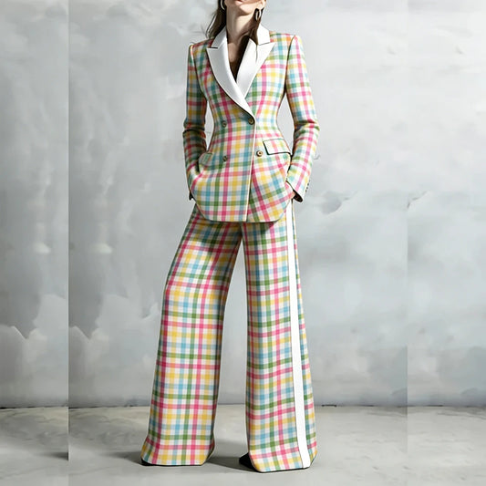 Costumes pour femmes de couleur pastel tendance, ensembles de 2 pièces, veste et pantalon, ensembles élégants à double boutonnage, revers blancs, coupe classique