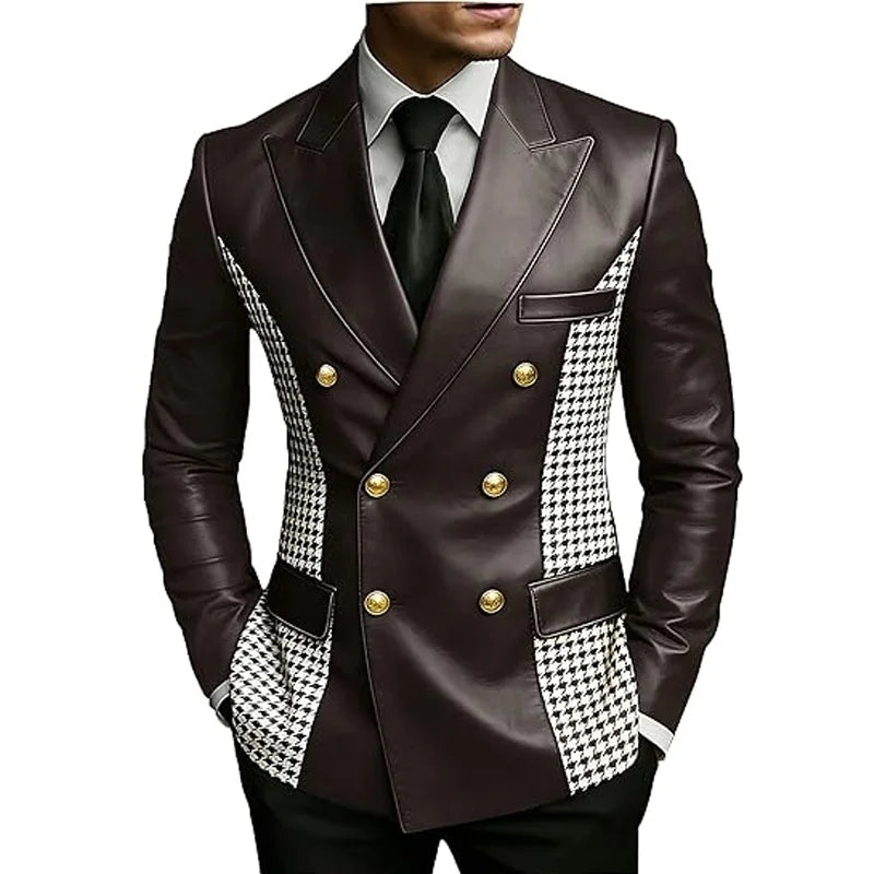 Blazer en cuir marron pour homme avec côtés à motif pied-de-poule, vintage, bicolore, double boutonnage, coupe ajustée, boutons dorés, veste de smoking en cuir