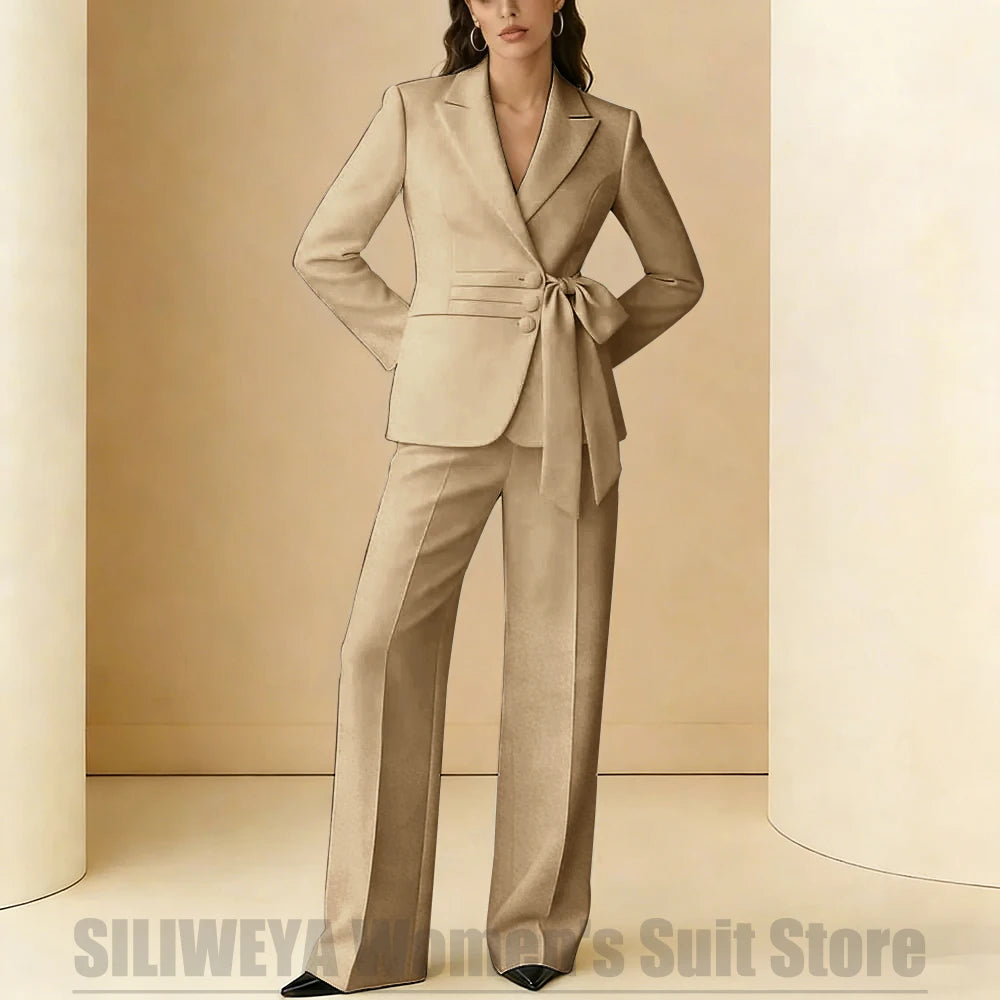 Costume 2 pièces pour femmes, Design avec ceinture à nœud, tenue formelle pour fête de mariage, bal de promo, bureau, mode, revers, costumes quotidiens décontractés pour dames