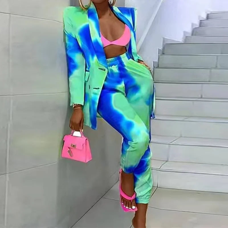 Ensemble tailleur élégant pour femme : blazer, pantalon crayon, imprimé rétro, bouton unique, tenue décontractée printemps-automne, deux pièces