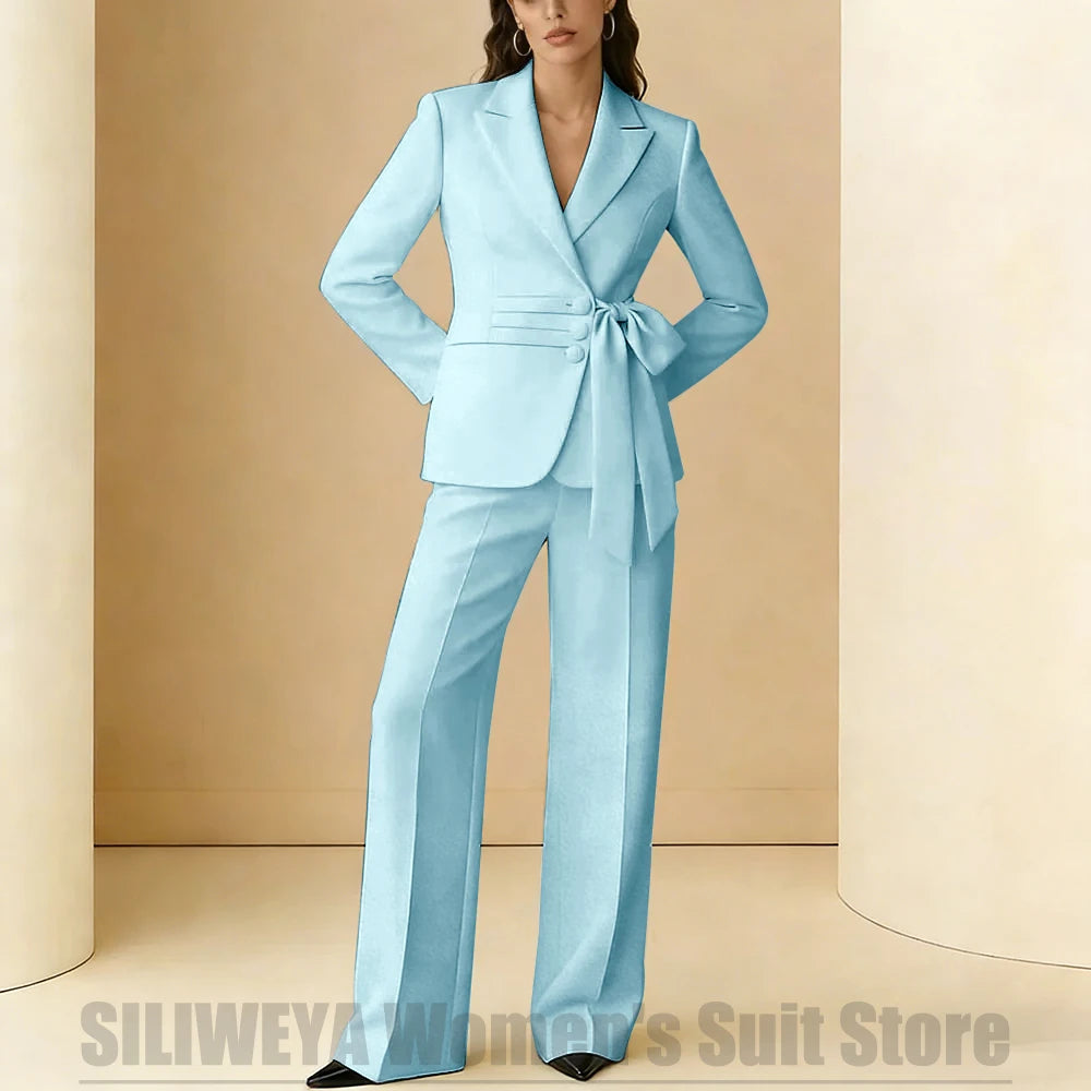 Costume 2 pièces pour femmes, Design avec ceinture à nœud, tenue formelle pour fête de mariage, bal de promo, bureau, mode, revers, costumes quotidiens décontractés pour dames