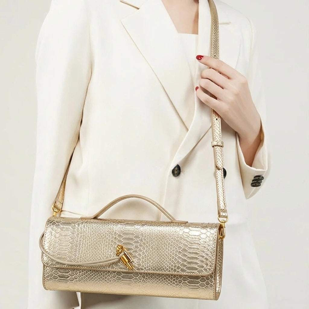 Sac bandoulière en similicuir croco doré métallisé pour femme, élégant sac à poignée supérieure, pochette de soirée avec fermoir