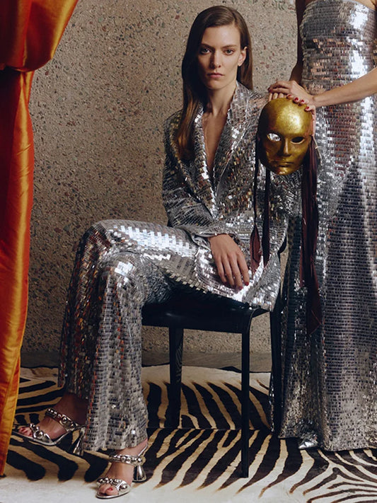 Ensemble tailleur élégant pour femme, collection 2026, avec blazer en maille à sequins et bouton unique, et pantalon – Nouveauté HIGH STREET