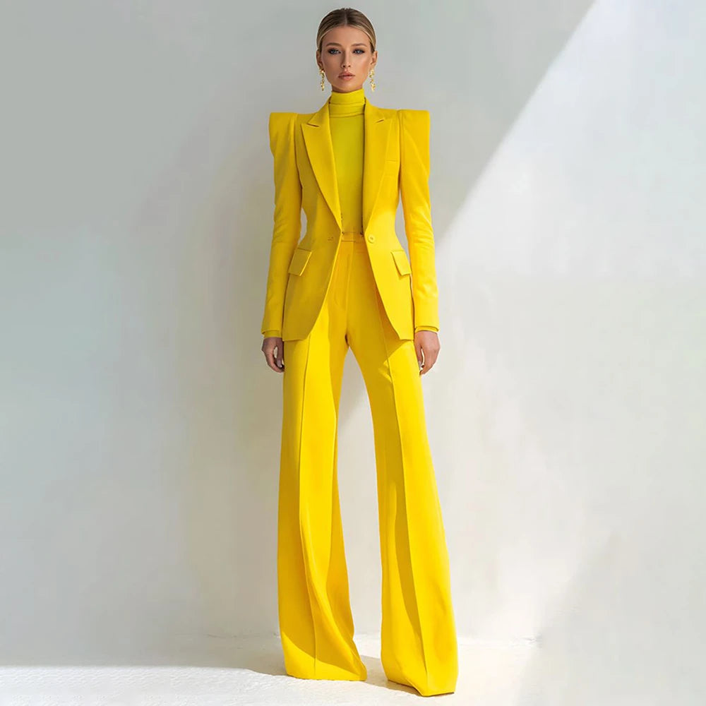 Costume rouge professionnel pour femmes, revers à pointe, bouton unique, Blazer élégant et pantalon évasé, ensemble 2 pièces, vêtements de bureau formels