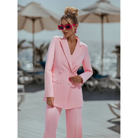 Ensemble Pantalon Rose Élégant à Double Boutonnage pour Femme, Tenue Décontractée, Slim, 03, Bal de Promo, (Veste + Pantalon), 2 Pièces