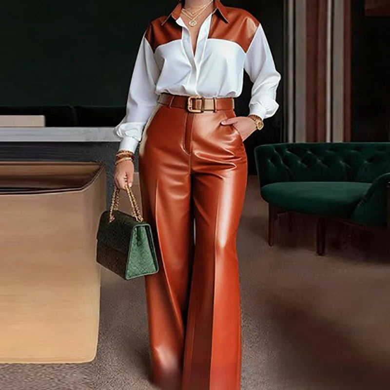 Ensemble deux pièces élégant pour femme : haut à col rabattu et manches longues avec pantalon large en similicuir – Collection Printemps-Automne 2026