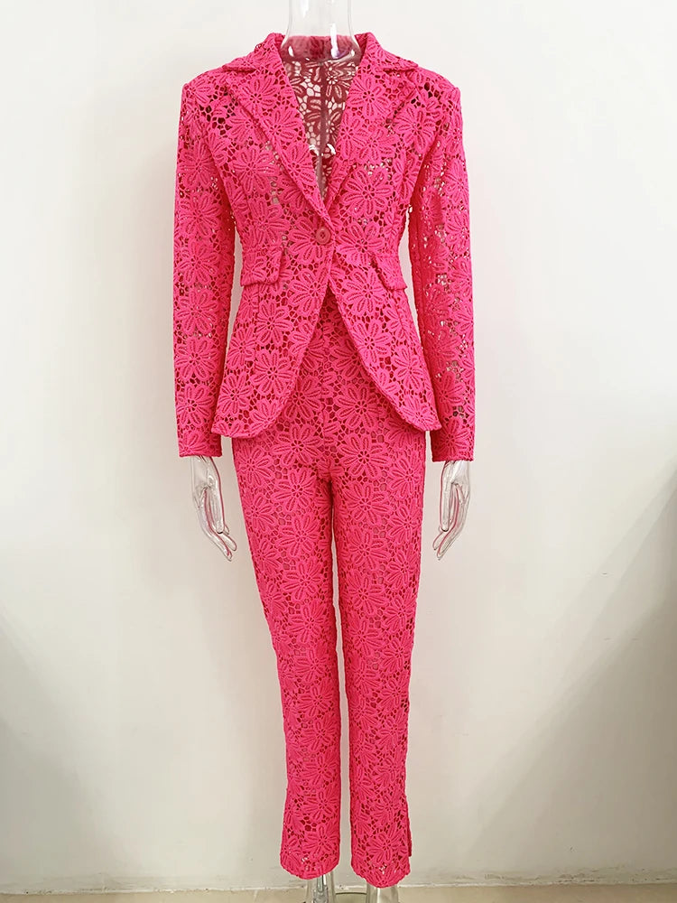 HIGH STREET Nouveauté 2026 Ensemble de costume de mode de défilé de créateur pour femme, Blazer en dentelle guipure à bouton unique et pantalon crayon, 2 pièces