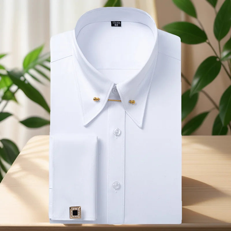 Boutons de manchette français brodés pour hommes, chemise à manches longues avec épingles à col, chemise habillée à grand col pour vêtements de cérémonie d'affaires, Gentlema