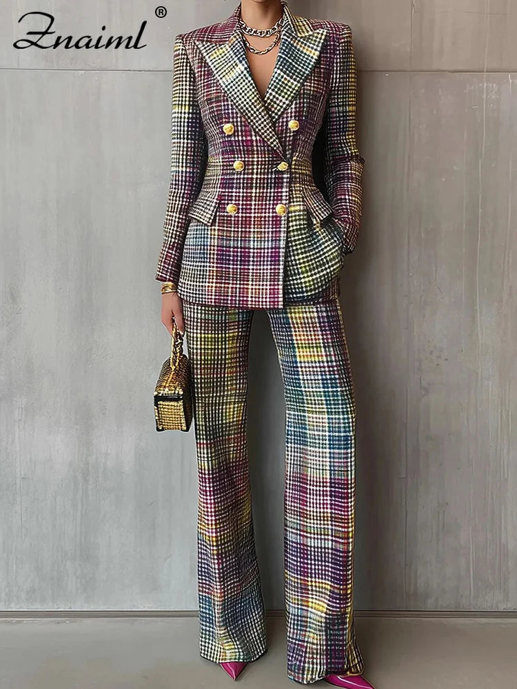 Znaiml Chic Plaid imprimé mince femmes Blazer costume revers à manches longues veste et taille haute pantalon droit 2 pièces ensemble bureau