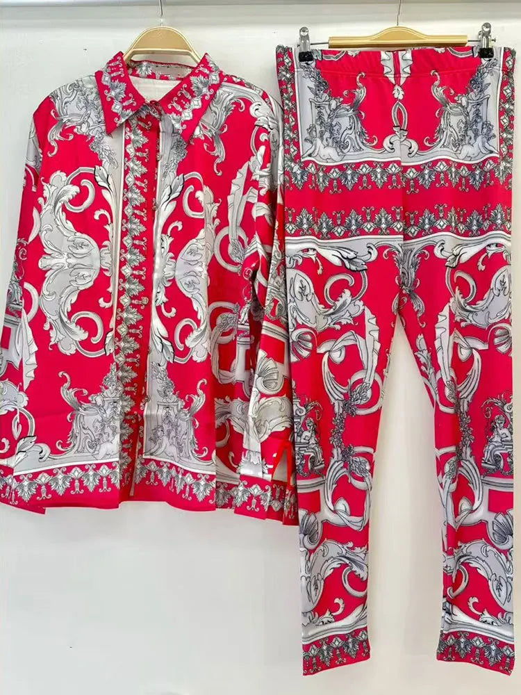 Chemise à manches longues à revers imprimé rétro pour femmes, nouveau costume + taille élastique, pantalon slim, pieds élastiques, costume deux pièces à la mode, printemps 2025