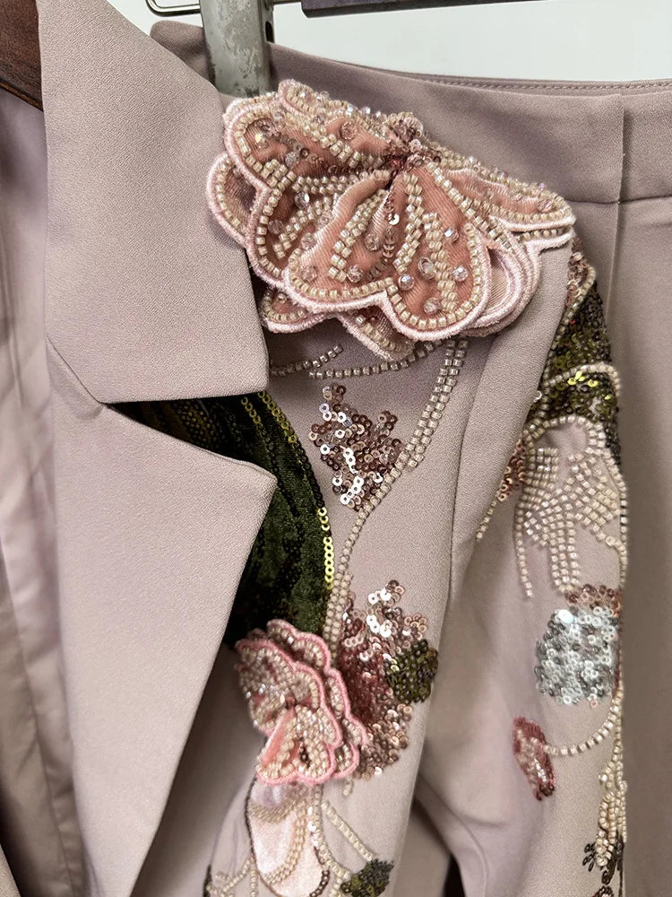 HIGH STREET – ensemble de costume de défilé de styliste pour femmes, Blazer perlé à fleurs 3D, pantalon à jambes larges, nouvelle collection