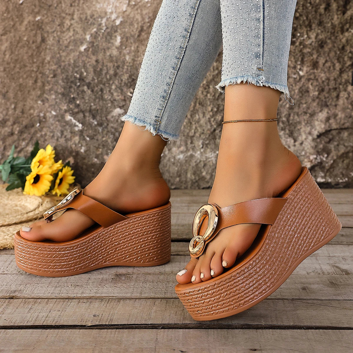 Sandales d'été compensées pour femmes, à bout ouvert, à semelle épaisse, pour l'extérieur, avec nœud décoratif, en daim, style écolière