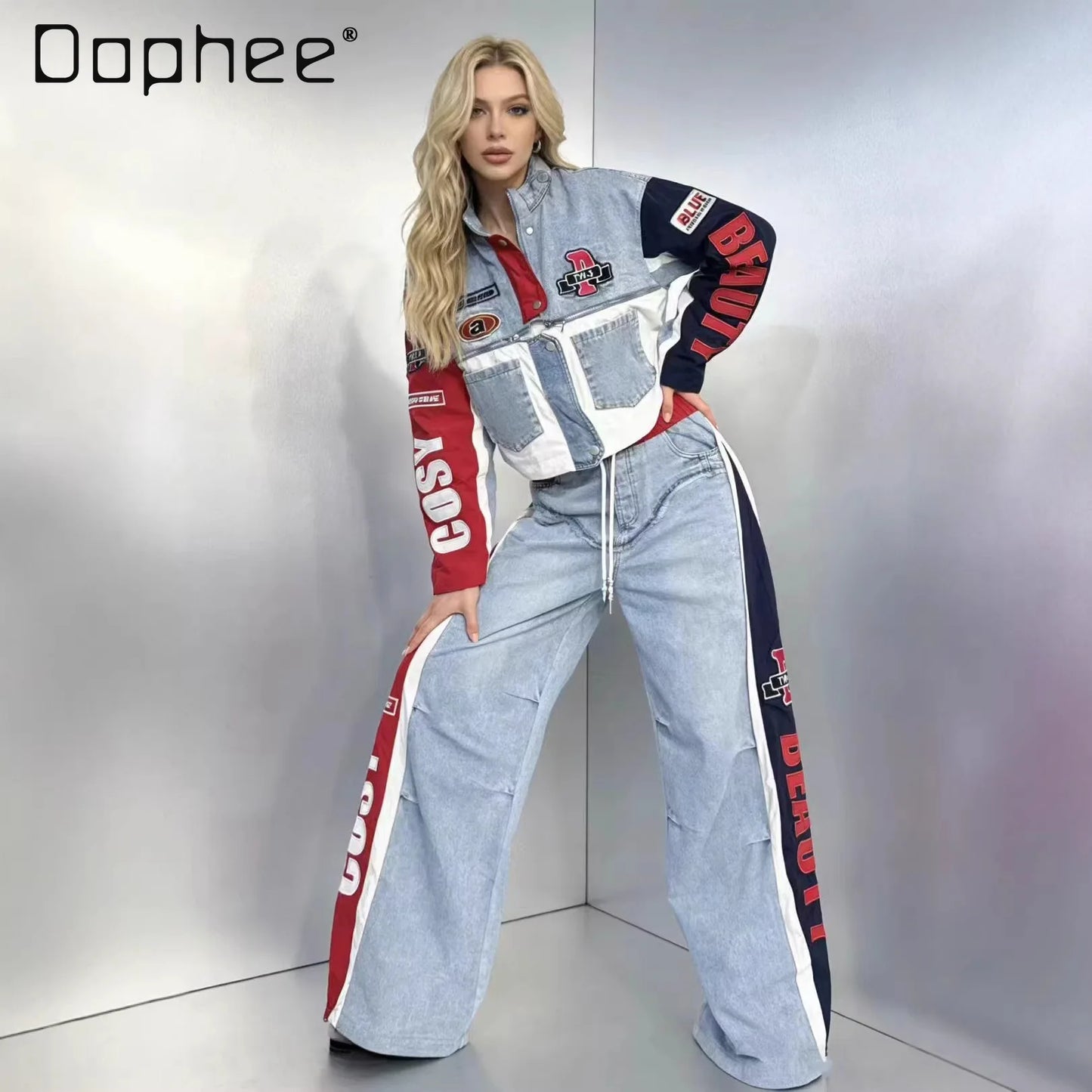 Ensemble décontracté tendance européenne pour femme, nouvelle collection printemps 2026, avec haut à manches longues en denim brodé de lettres et pantalon à taille élastique