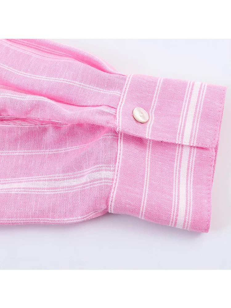 TFMLN 2026 Ensemble jupe et chemise mode femme, chemise rose à rayures à manches longues, col à revers et simple boutonnage, et jupe longue plissée à empiècements