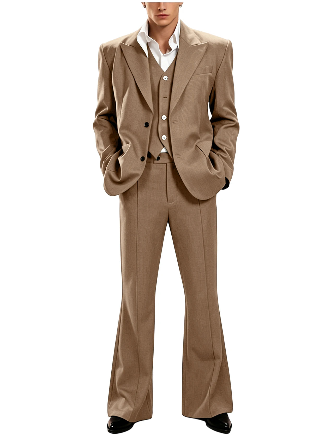 Ensemble de costume 3 pièces vintage pour homme, revers pointu, coupe ajustée, blazer croisé à 2 boutons, gilet et pantalon évasé pour occasions formelles, affaires et mariages