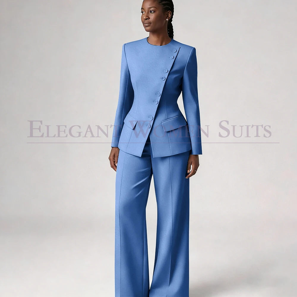 Costume de mode pour femme, blazer à simple boutonnage, col rond, longueur standard, ensemble 2 pièces veste et pantalon, tenue formelle de luxe