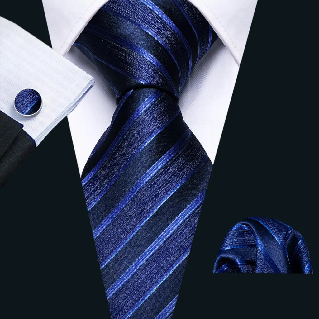 Hommes cravate or bleu marine rayé soie cravate Barry.Wang 3.4 "Jacquard fête mariage tissé créateurs de mode cravate pour hommes d'affaires