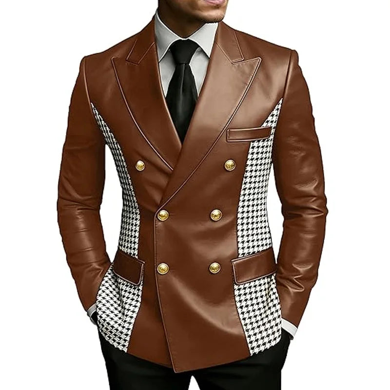 Blazer en cuir marron pour homme avec côtés à motif pied-de-poule, vintage, bicolore, double boutonnage, coupe ajustée, boutons dorés, veste de smoking en cuir