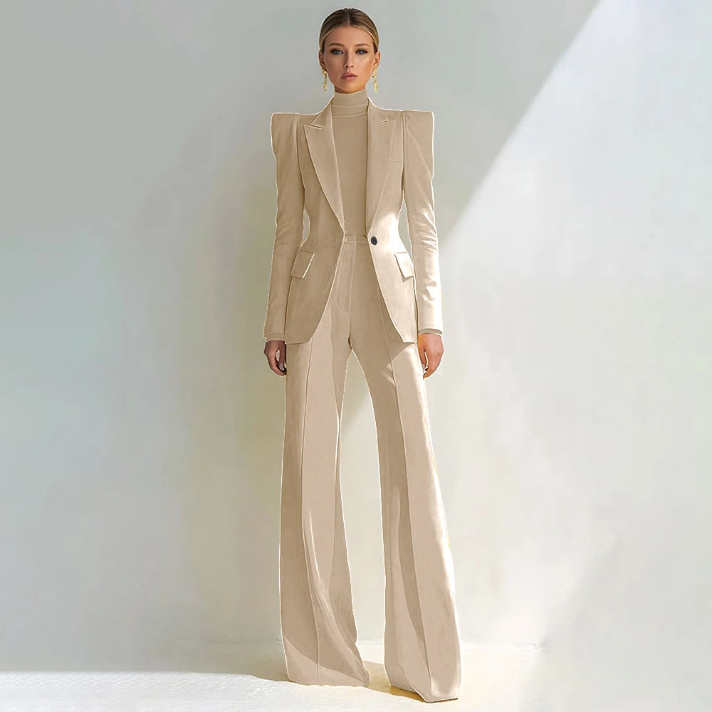 Costume rouge professionnel pour femmes, revers à pointe, bouton unique, Blazer élégant et pantalon évasé, ensemble 2 pièces, vêtements de bureau formels