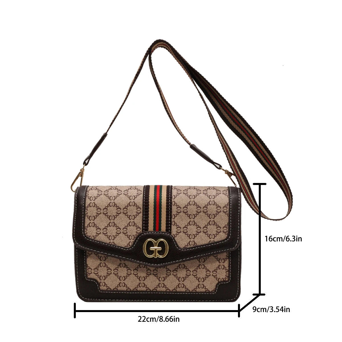 Sac bandoulière classique tendance en PU léger avec rabat, sangle réglable, imprimé géométrique et logo, idéal pour le shopping et les trajets quotidiens