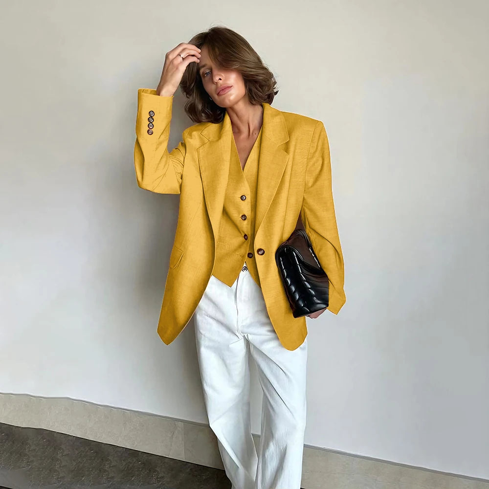 Slim Fit Women's Suits Linen Three Pieces Pant Sets High-end Single Button Notch Lapel Blazer Elegant Daily Business Office Wear