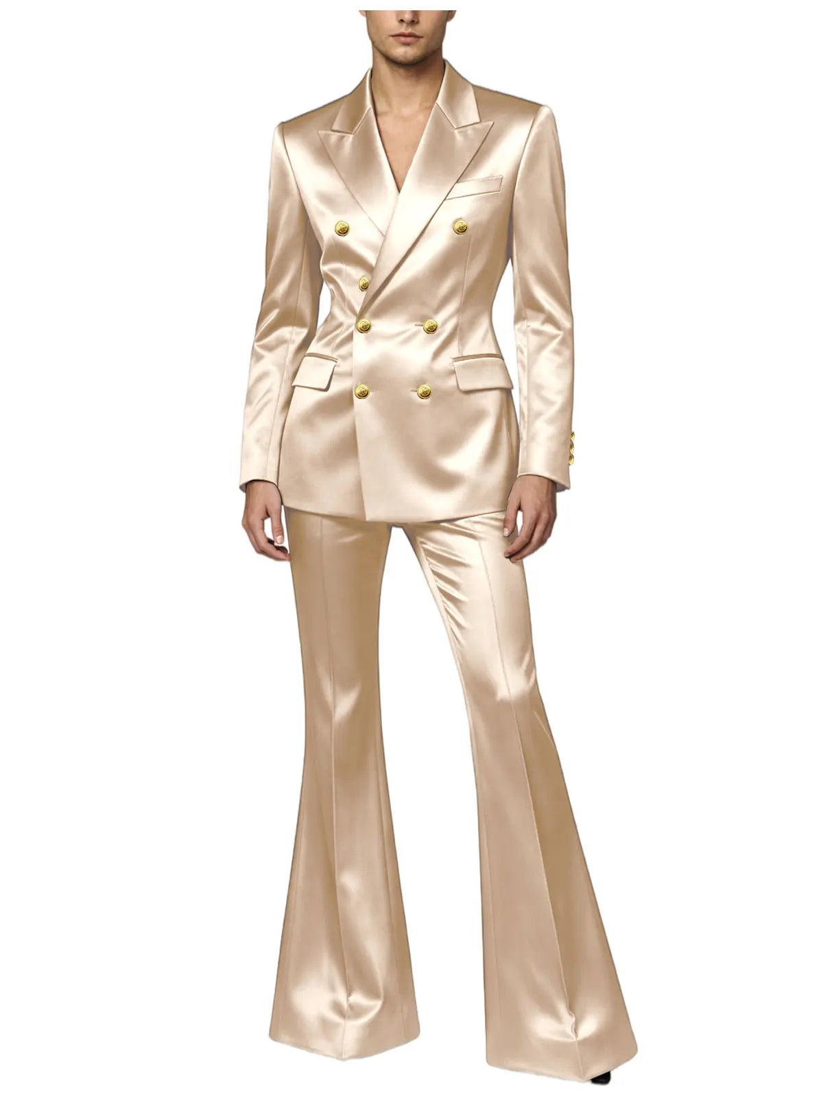 Ensemble de costume satiné croisé pour homme, 2 pièces, revers cranté, blazer à boutons dorés, pantalon évasé, tenue formelle pour mariage, bal de promo, soirée, ou marié