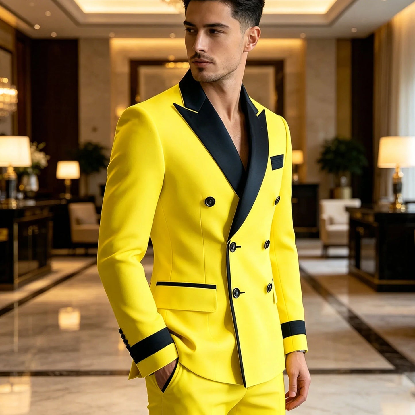 Blazer de costume élégant pour homme en serge, classique, croisé, coupe ajustée, avec revers à pointe noirs, veste formelle pour affaires, décontracté ou soirée