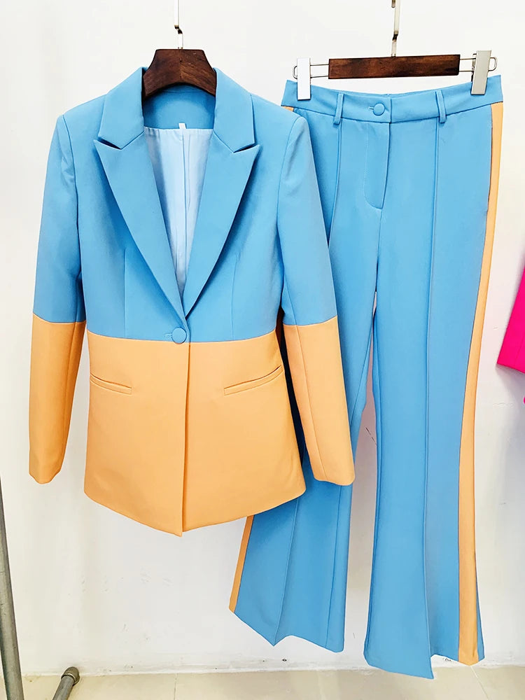 Ensemble de costume de créateur HIGH STREET, nouvelle collection 2026, pour femme, blazer à bouton unique, bloc de couleur, pantalon évasé