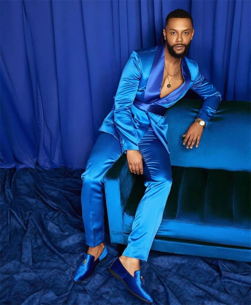 Nouvelle mode italienne argent hommes costumes Satin coupe ajustée bleu Royal brillant marié bal de mariage smoking sur mesure Blazer ensemble Costume Homme