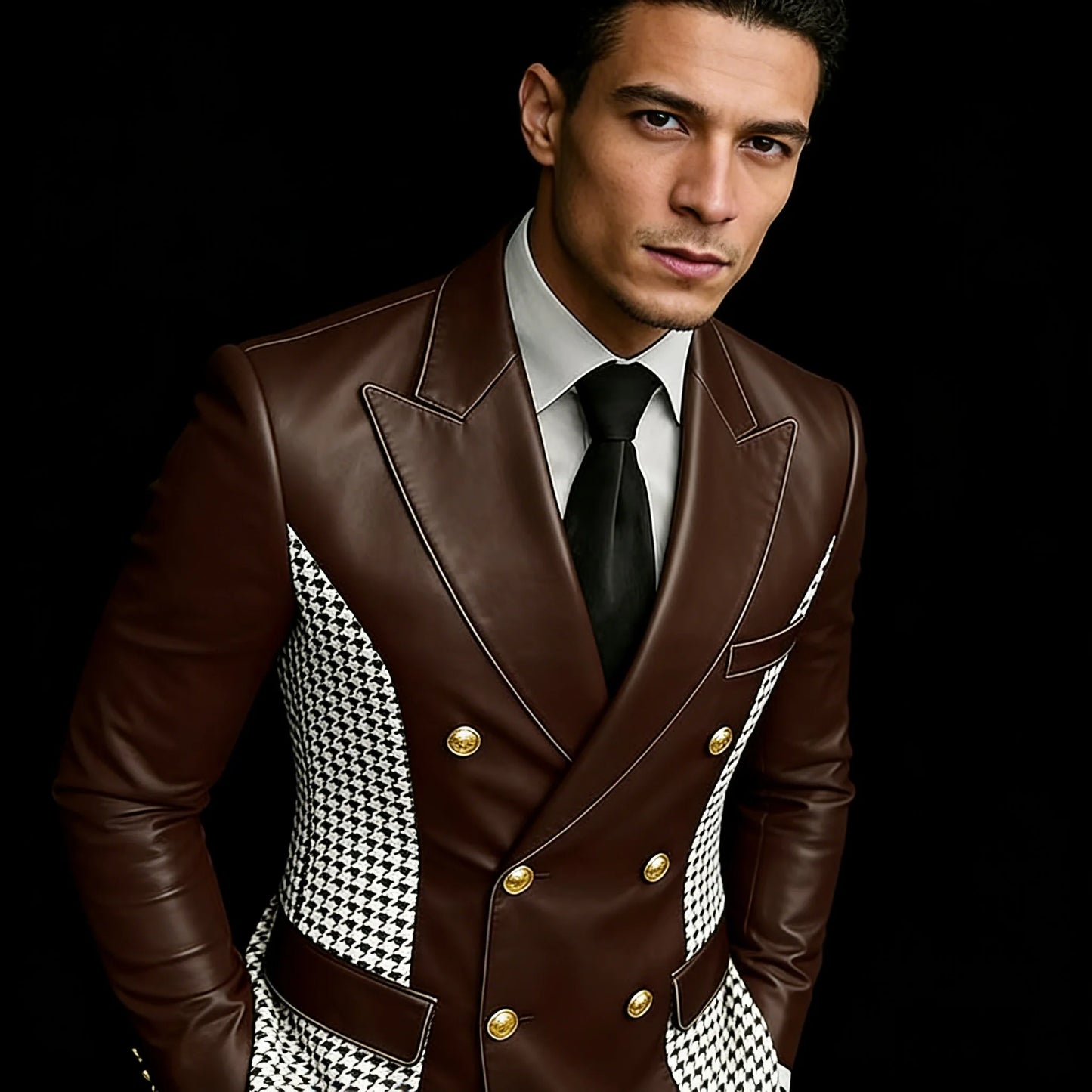 Blazer en cuir marron pour homme avec côtés à motif pied-de-poule, vintage, bicolore, double boutonnage, coupe ajustée, boutons dorés, veste de smoking en cuir