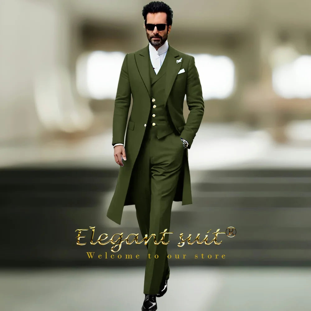 Costume long à revers de pistolet pour hommes, gilet et pantalon, costume 3 pièces, costume ajusté élégant personnalisé pour fête, banquet, célébration, mariage