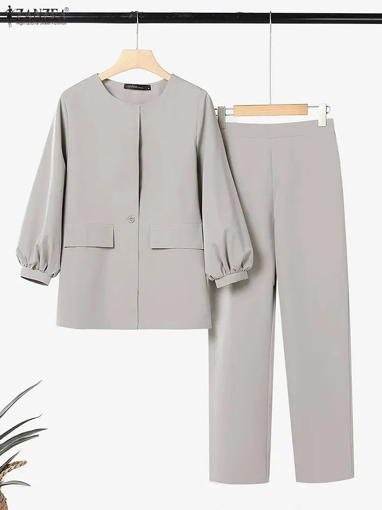 Femmes mode 2 pièces pantalon ensembles élégant col rond lanterne manches vêtements d'extérieur et crayon pantalon costumes ZANZEA printemps 2026 femme tenues