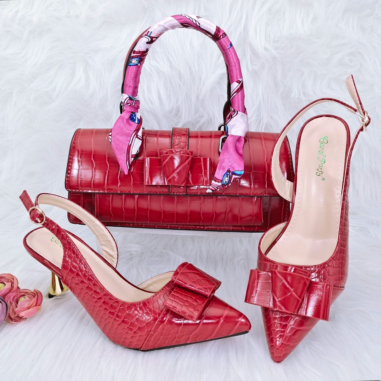 Ensemble de sacs en cuir miroir, nouveau design italien, nœud en tissu, embellissement ruban, poignée pointue Parker, talons hauts