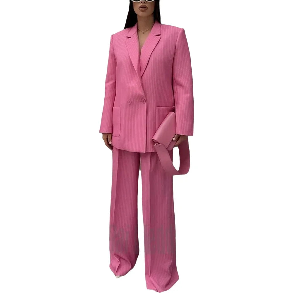 Ensemble tailleur chic pour femme à rayures fines, rose, double boutonnage, col cranté, classique, élégant, tenue de bureau décontractée, deux pièces