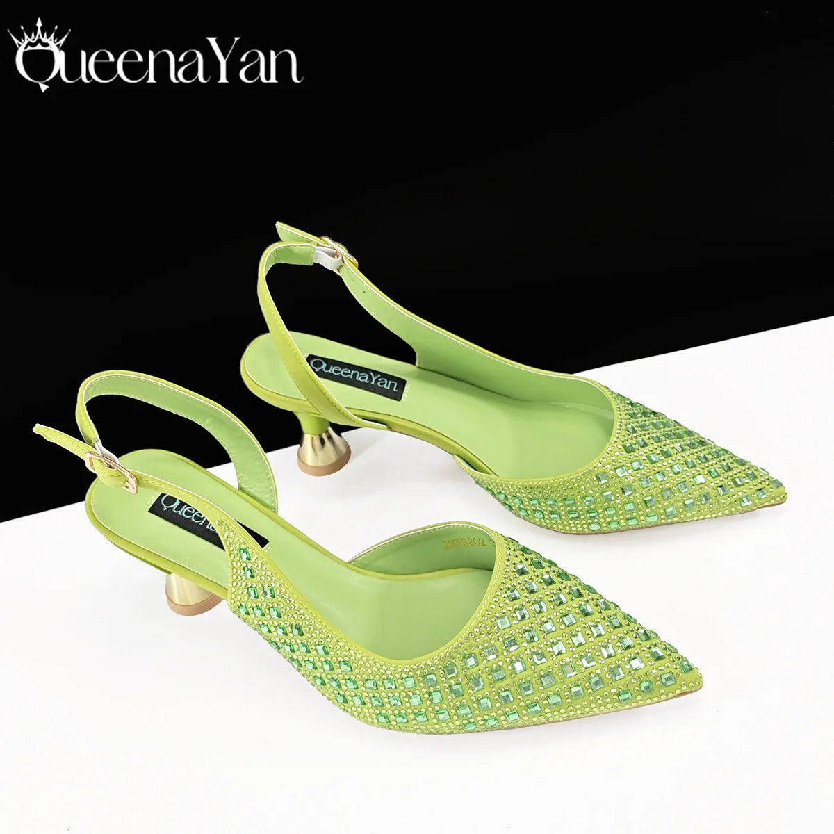 Queena Yan Design italien strass luxe couleur verte bout pointu chaussure et sac ensemble femmes talons hauts pour les fêtes de haute qualité