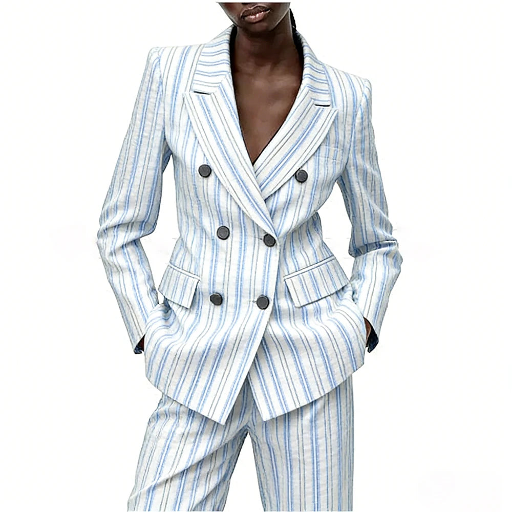 Ensemble tailleur pantalon femme été, blazer croisé à revers pointus coupe classique, ensemble 2 pièces mode