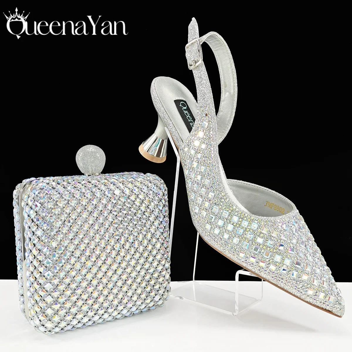 Queena Yan Design italien strass luxe couleur verte bout pointu chaussure et sac ensemble femmes talons hauts pour les fêtes de haute qualité