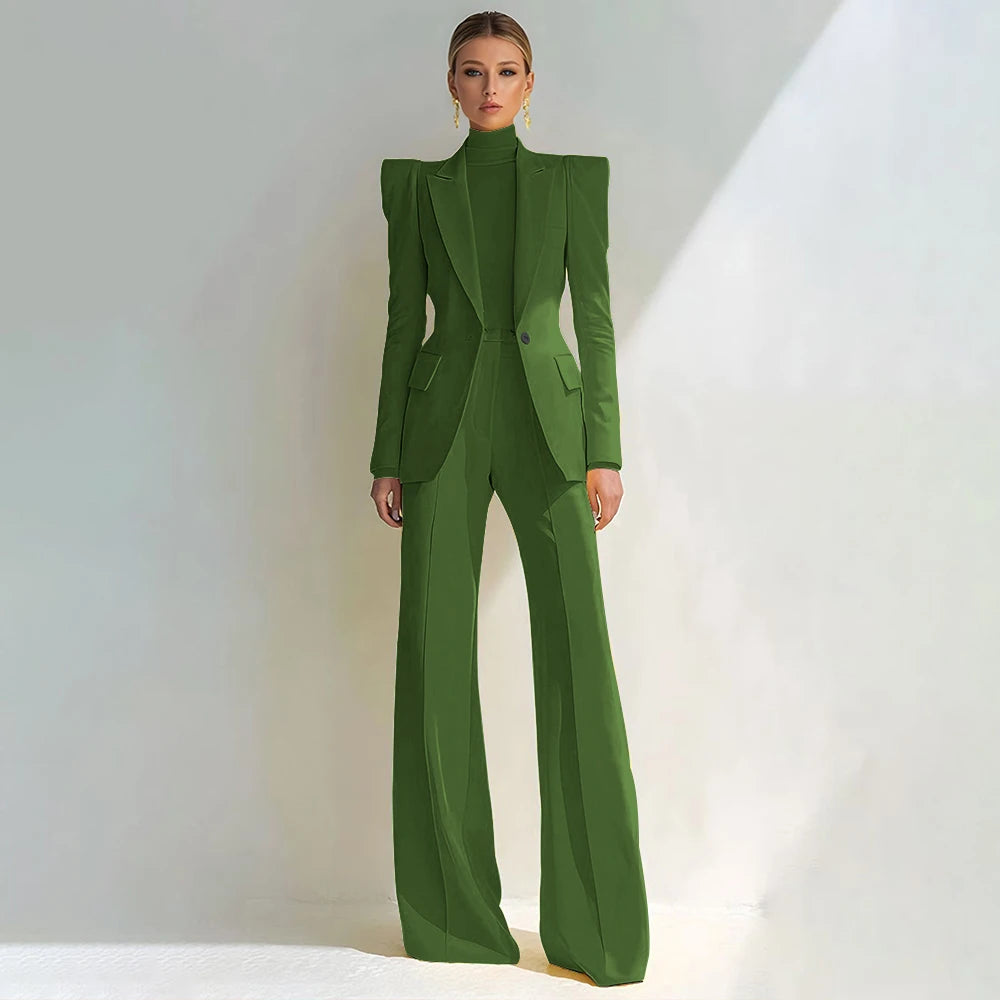 Costume rouge professionnel pour femmes, revers à pointe, bouton unique, Blazer élégant et pantalon évasé, ensemble 2 pièces, vêtements de bureau formels