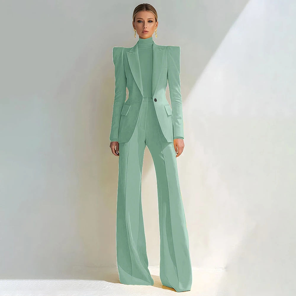 Costume rouge professionnel pour femmes, revers à pointe, bouton unique, Blazer élégant et pantalon évasé, ensemble 2 pièces, vêtements de bureau formels