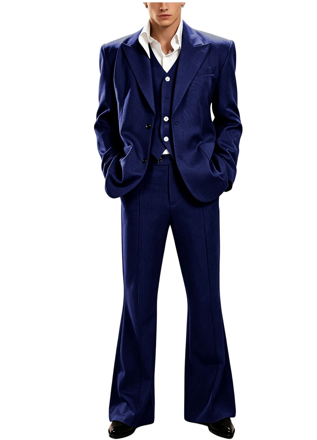 Ensemble de costume 3 pièces vintage pour homme, revers pointu, coupe ajustée, blazer croisé à 2 boutons, gilet et pantalon évasé pour occasions formelles, affaires et mariages