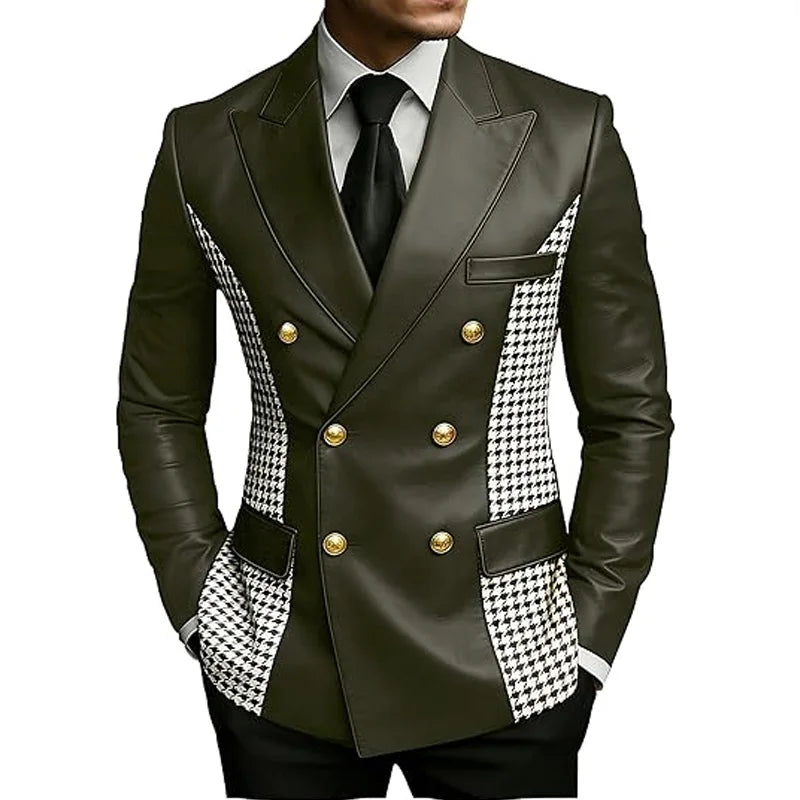 Blazer en cuir marron pour homme avec côtés à motif pied-de-poule, vintage, bicolore, double boutonnage, coupe ajustée, boutons dorés, veste de smoking en cuir