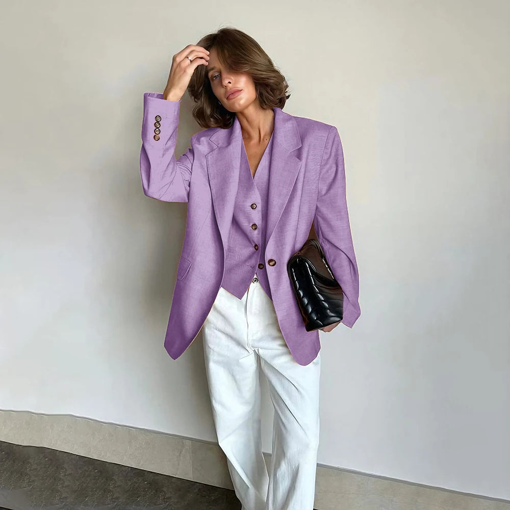 Slim Fit Women's Suits Linen Three Pieces Pant Sets High-end Single Button Notch Lapel Blazer Elegant Daily Business Office Wear
